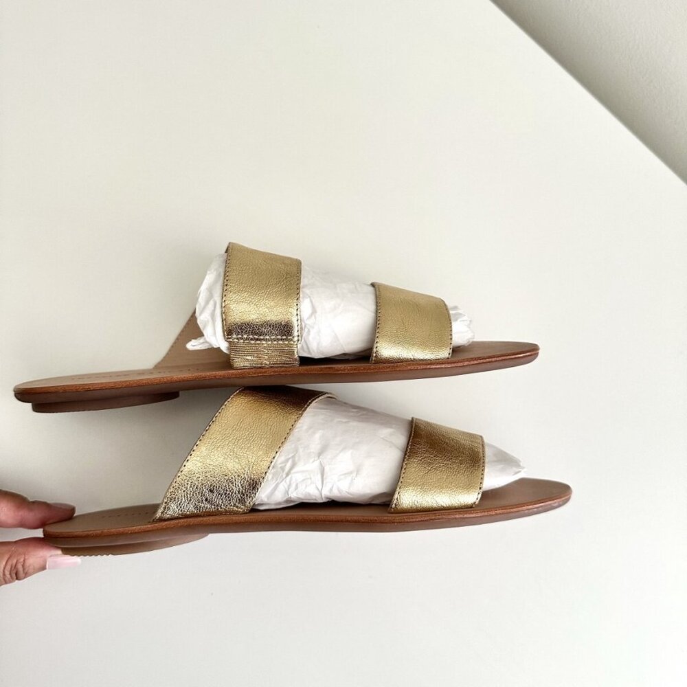 NEW LOEFFLER RANDALL Metallic Gold Leather Double Strap Flat Sandals Size 8 - Picture 4 of 7
